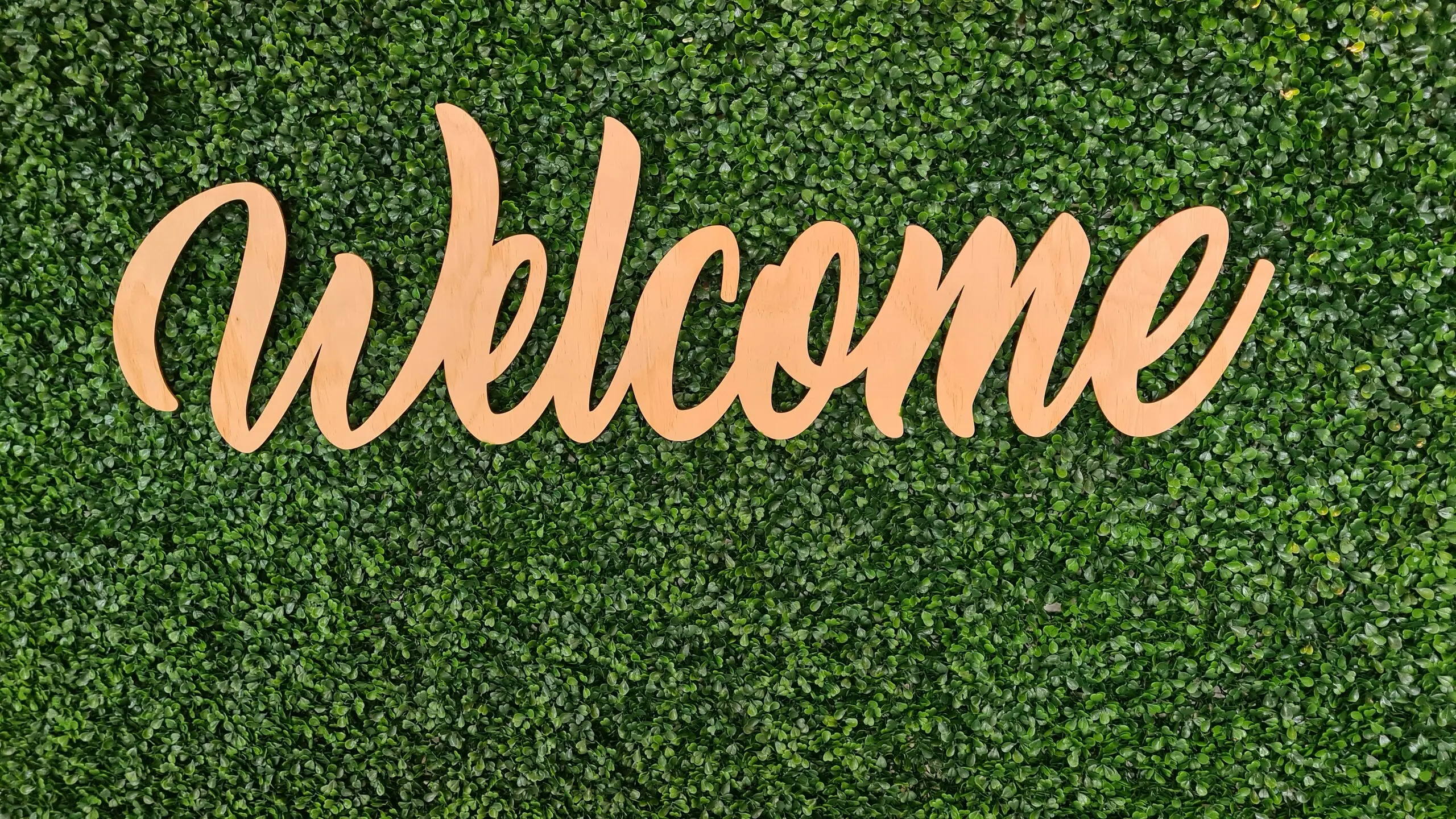 Das Bild zeigt ein hölzernes Welcome-Schild auf einem Hintergrund aus dichtem grünem Laub.